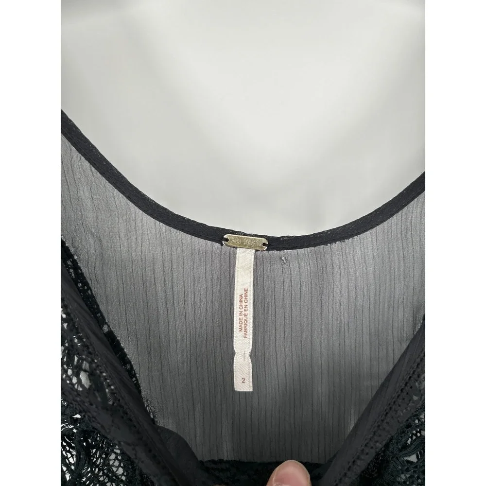Free People Lonesome Dove Boho Dress Women's 2‎ Black Floral Lace Trim High Low